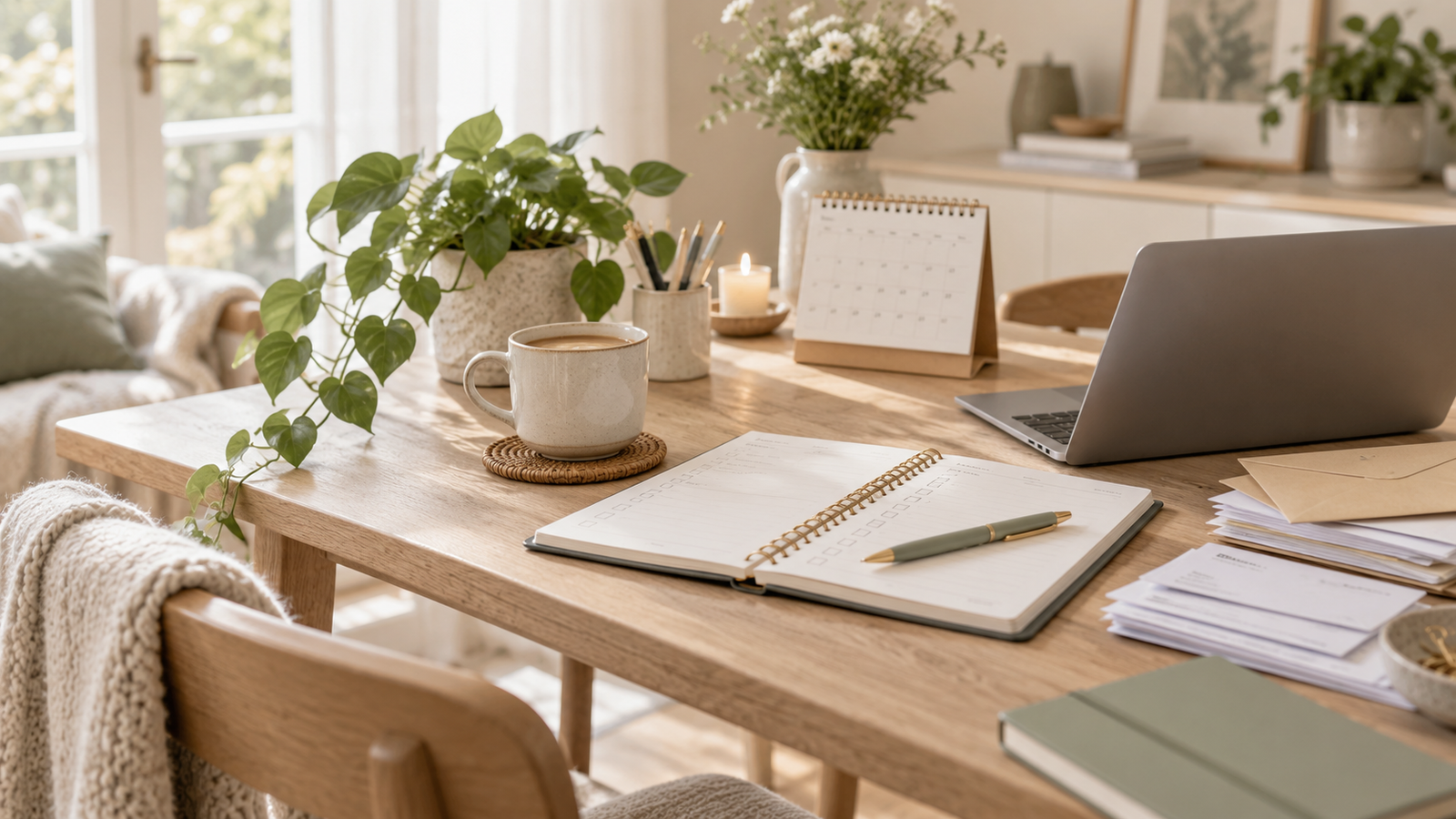 Calm home workspace with notebook, calendar, envelopes and coffee arranged for a life admin catch-up session