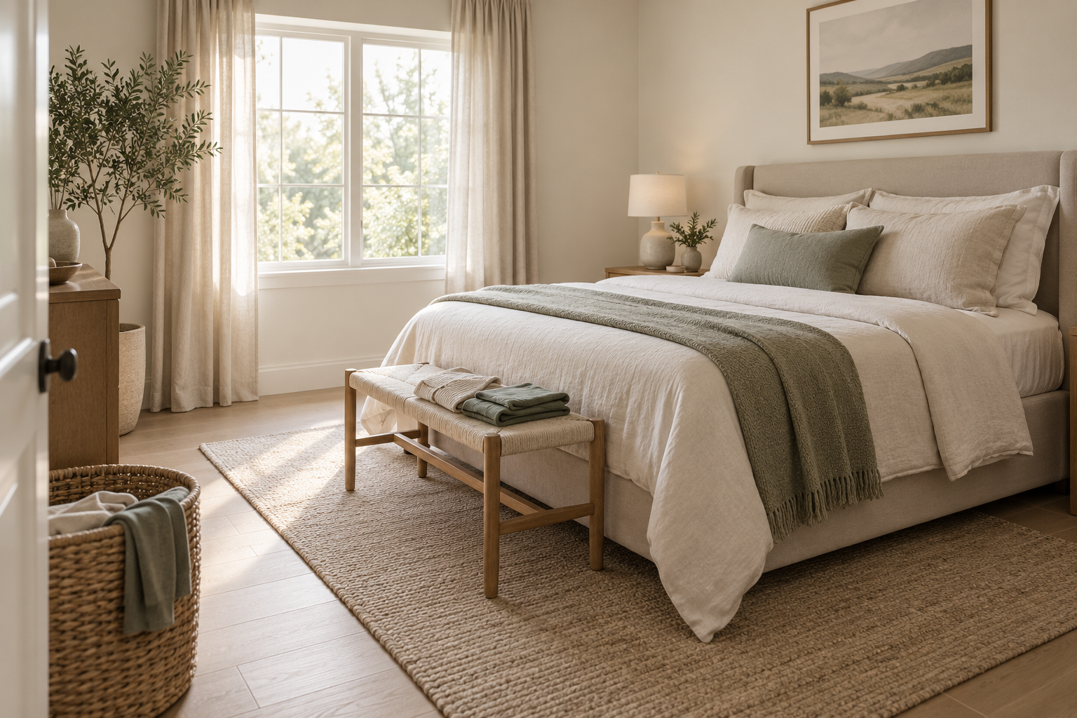 Calm bedroom with straightened bedding, clear floor route and a simple bedside surface