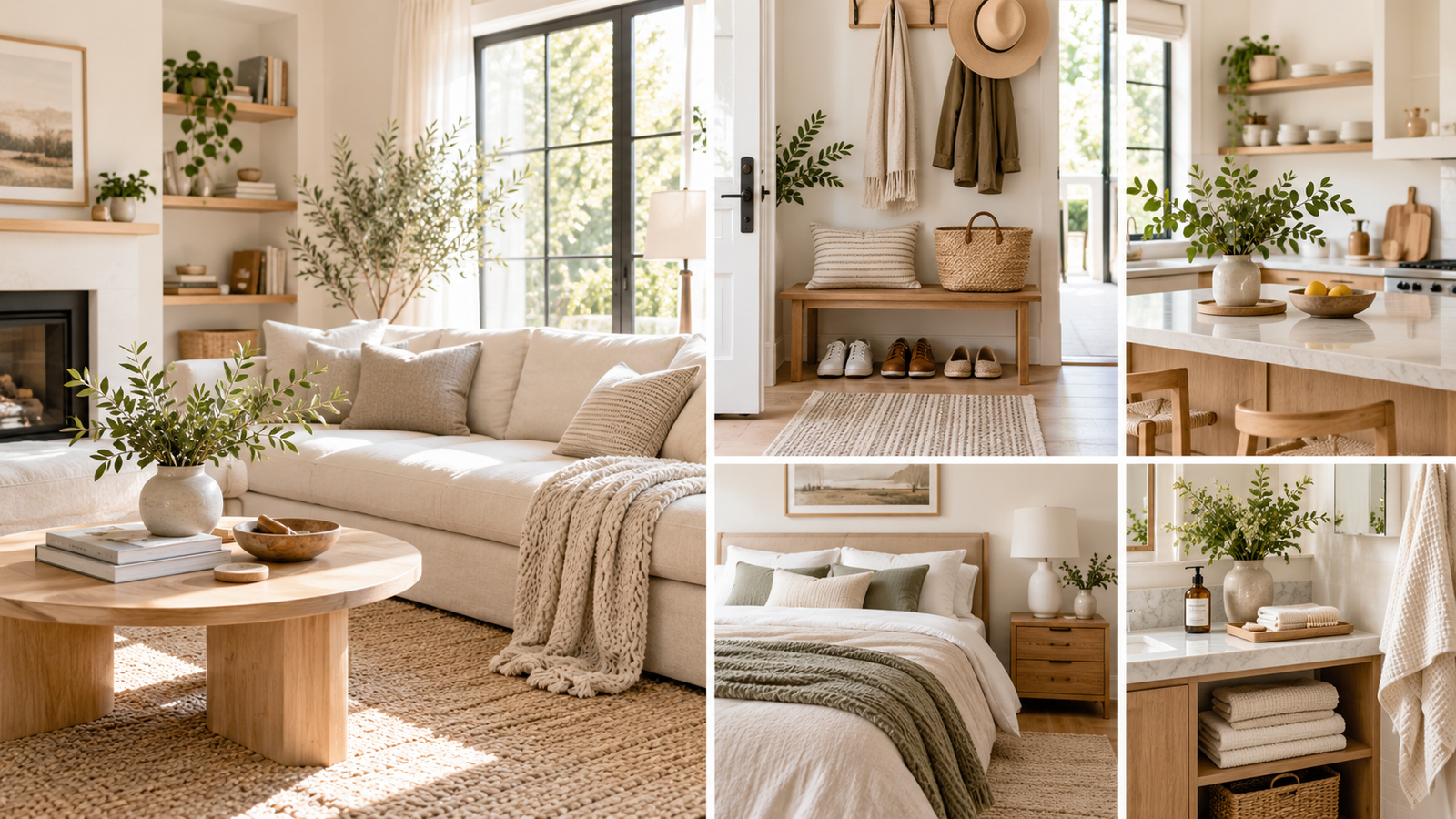 Calm organized bedroom with a clear bedside table, neatly arranged clothing and warm neutral decor