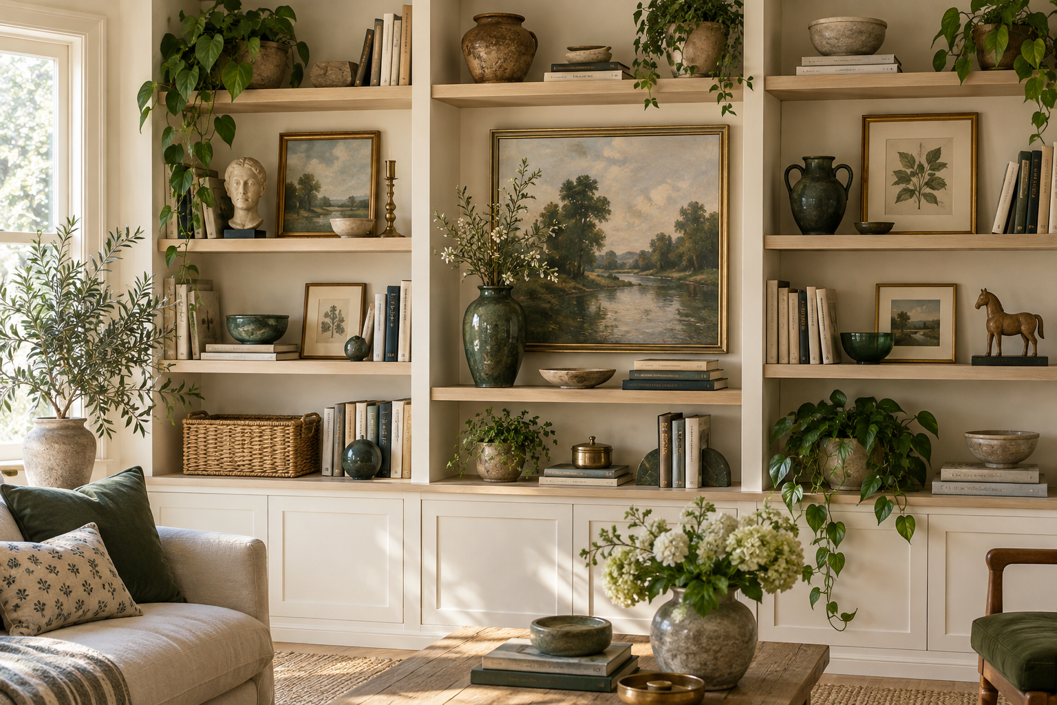 Curated shelf with books, ceramics, framed art and grouped collectibles arranged with clear visual hierarchy
