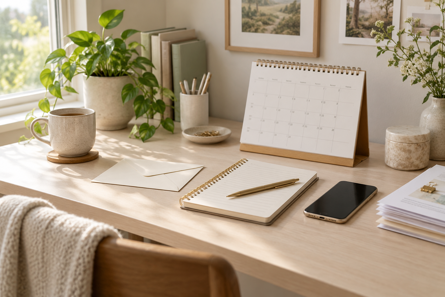 Calm home desk with calendar, notebook, phone and a small stack of paperwork for a monthly admin review