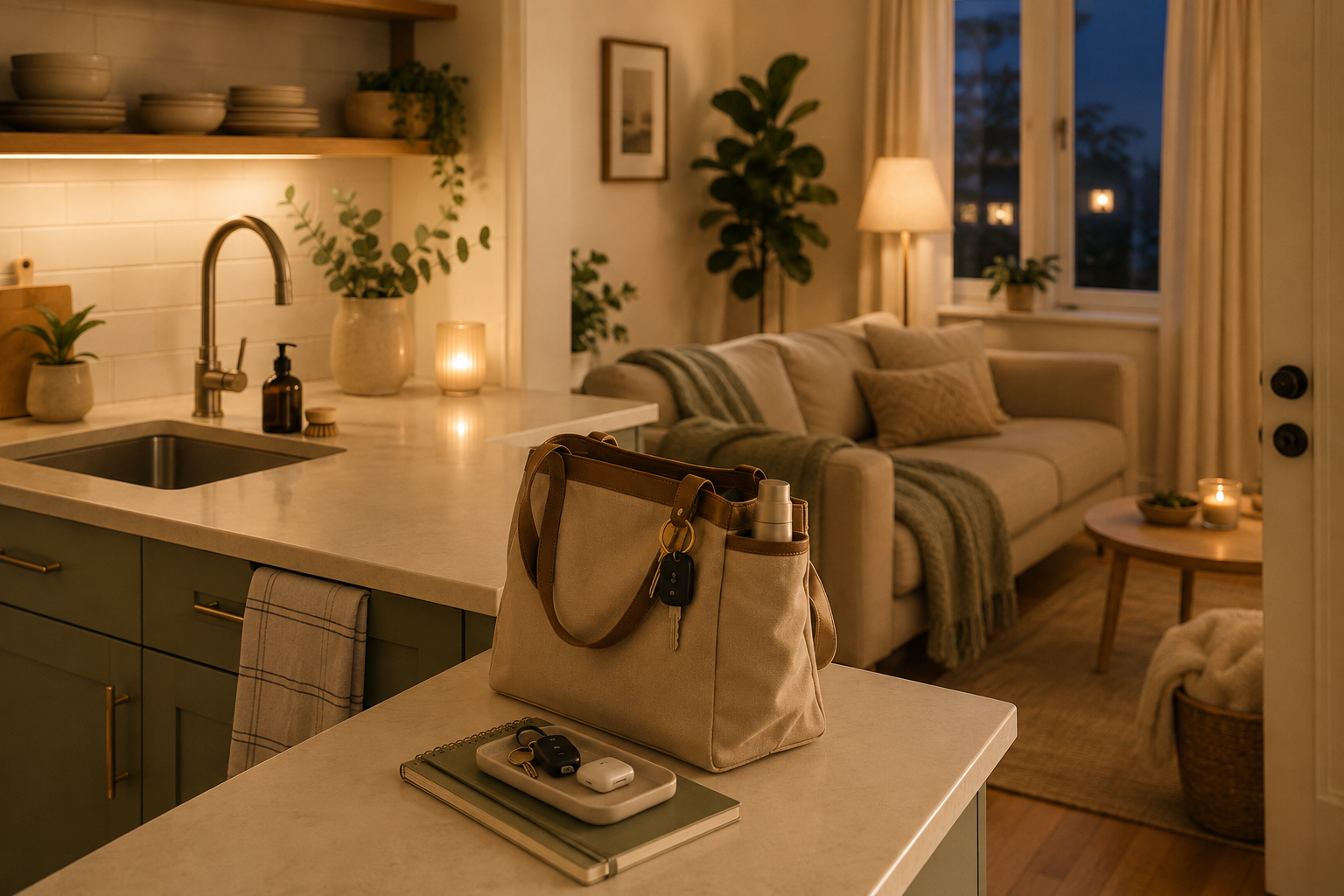 Calm evening kitchen and living space with a clear counter, folded blanket and bag prepared for the next morning