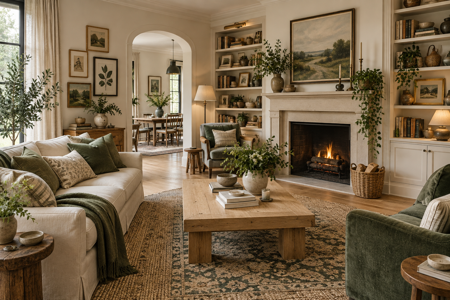 Collected maximalist living room with books, art and ceramics arranged intentionally while the main surfaces remain usable
