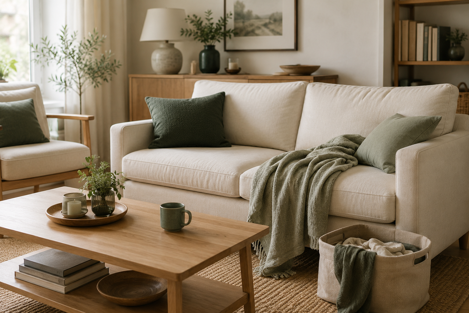 Calm lived-in living room with a laundry basket and clear seating area representing a low-energy home reset