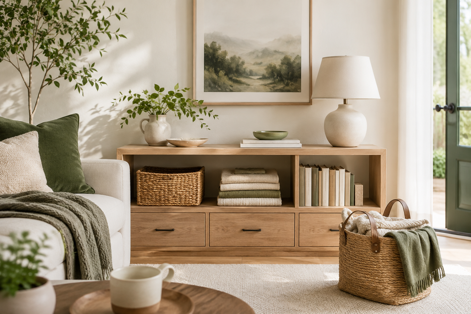 Calm organized home corner with a donation basket and neatly cleared surface representing simple decluttering