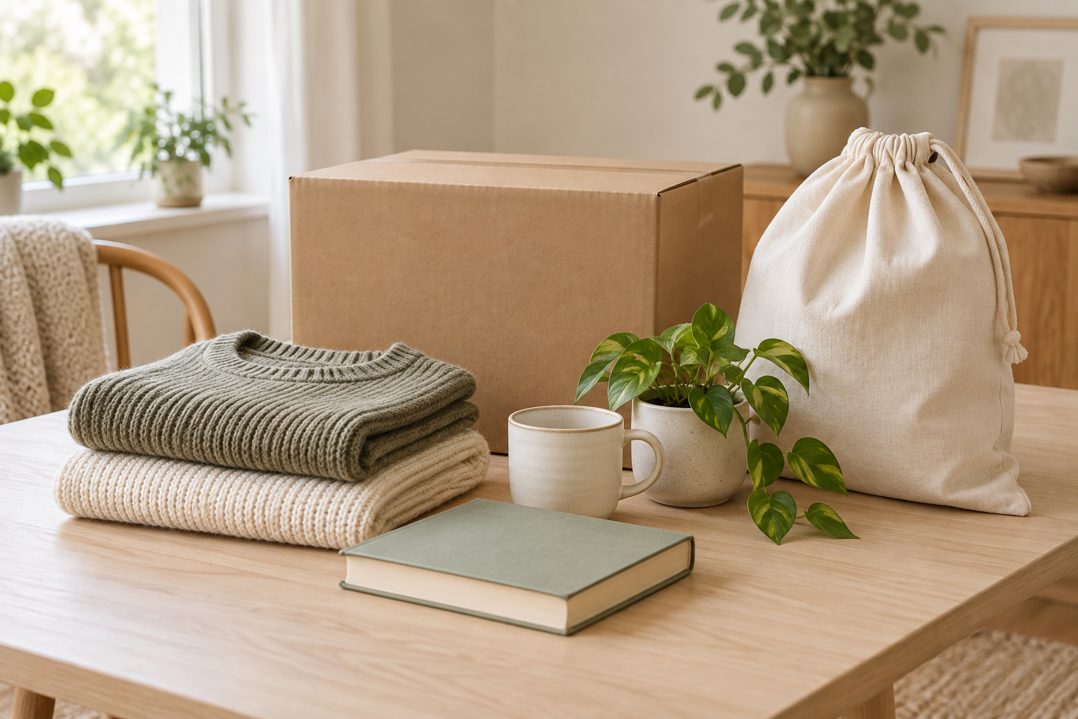 Good-condition decluttered items beside a parcel box and donation bag ready to leave the home