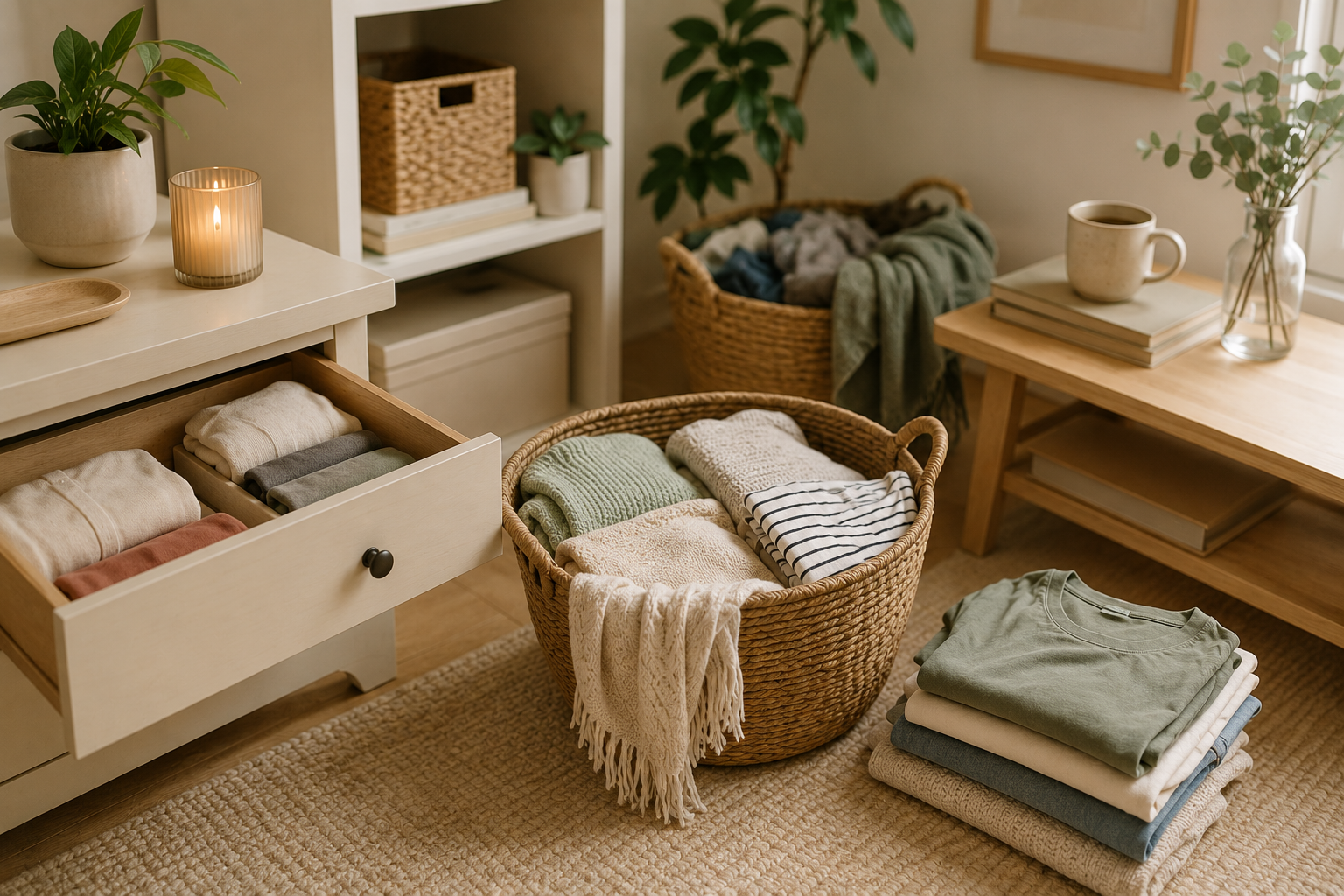 Calm decluttering scene with three simple sorting areas for items to keep, donate and remove