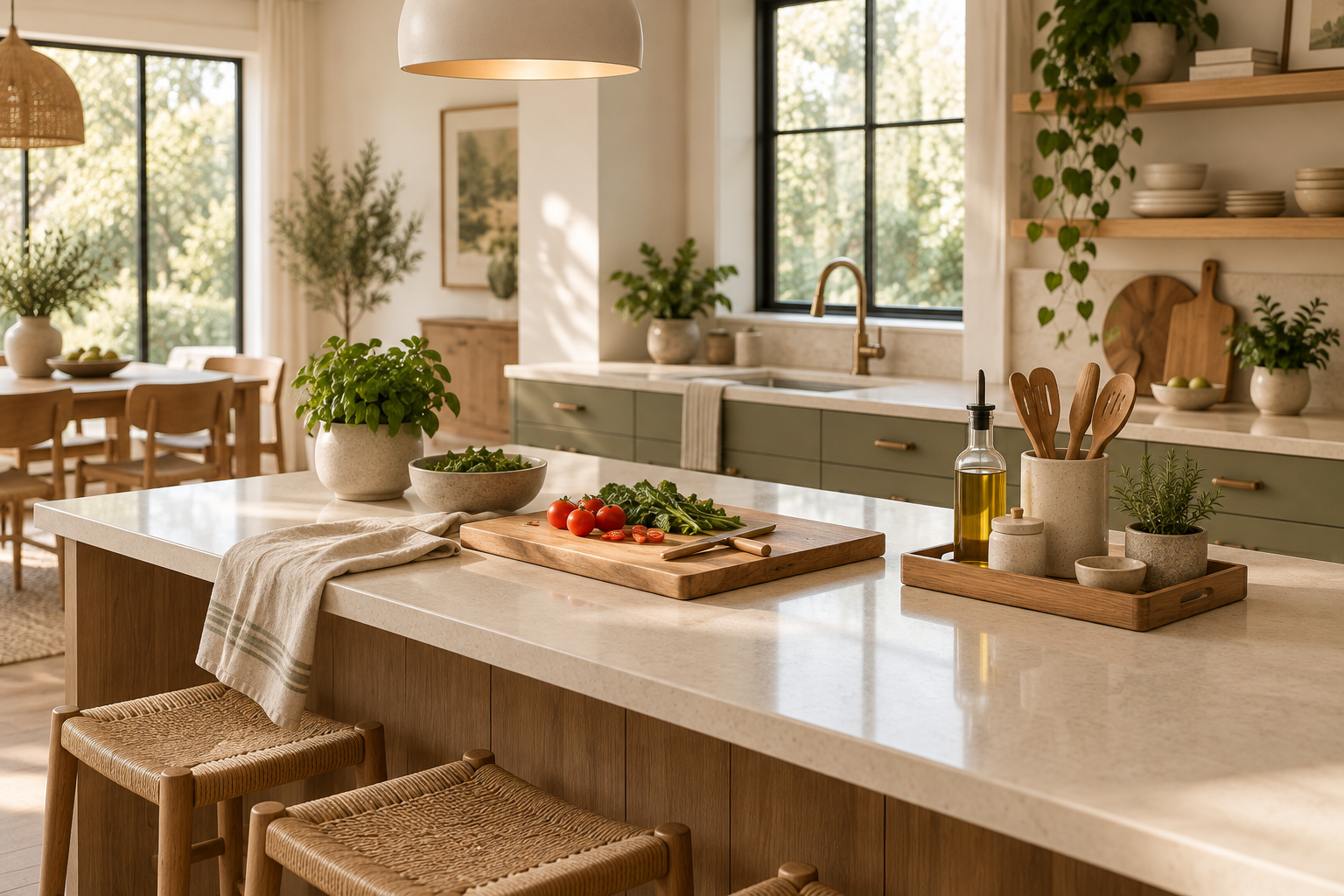 Shared kitchen with a clear preparation surface and daily items contained in one small tray