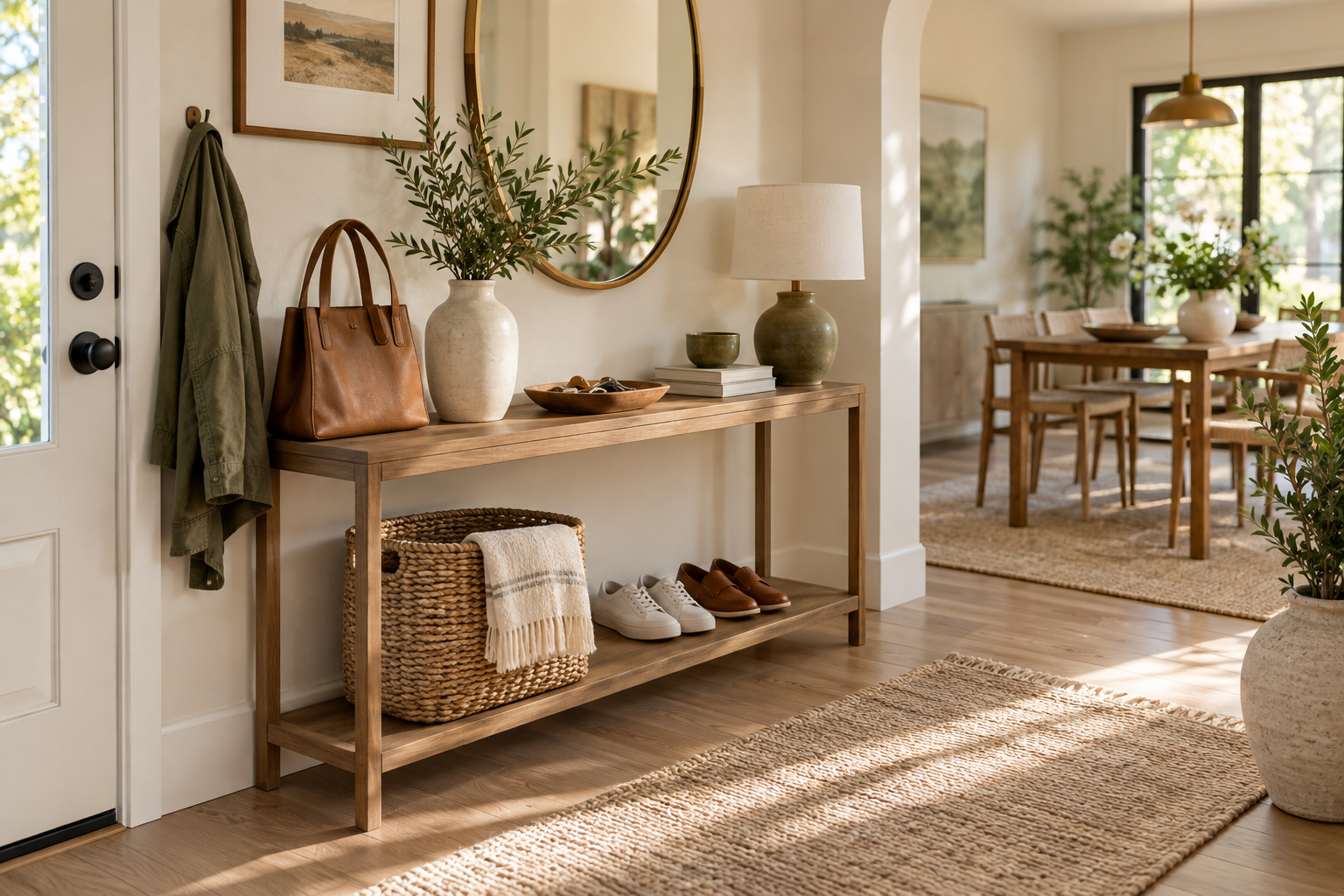 Shared entryway with bags and everyday items contained in one defined landing zone