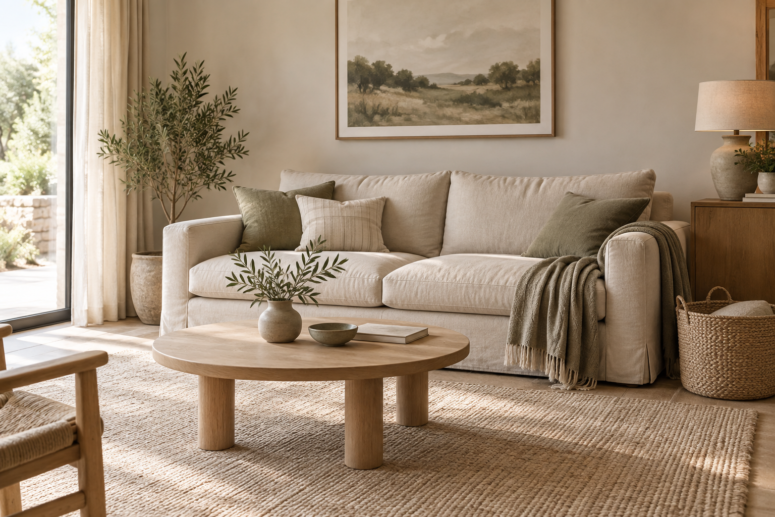 Calm living room with clear seating, folded blanket and an uncluttered coffee table