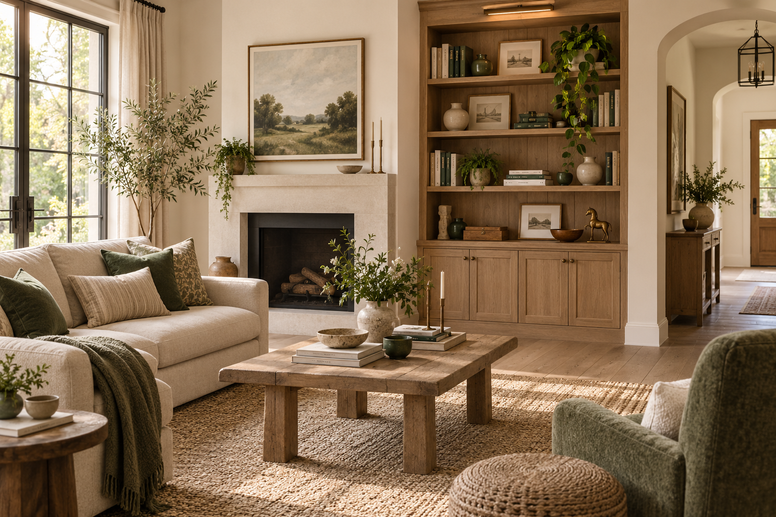 Collected living area with a clearly bounded display zone and usable surrounding space