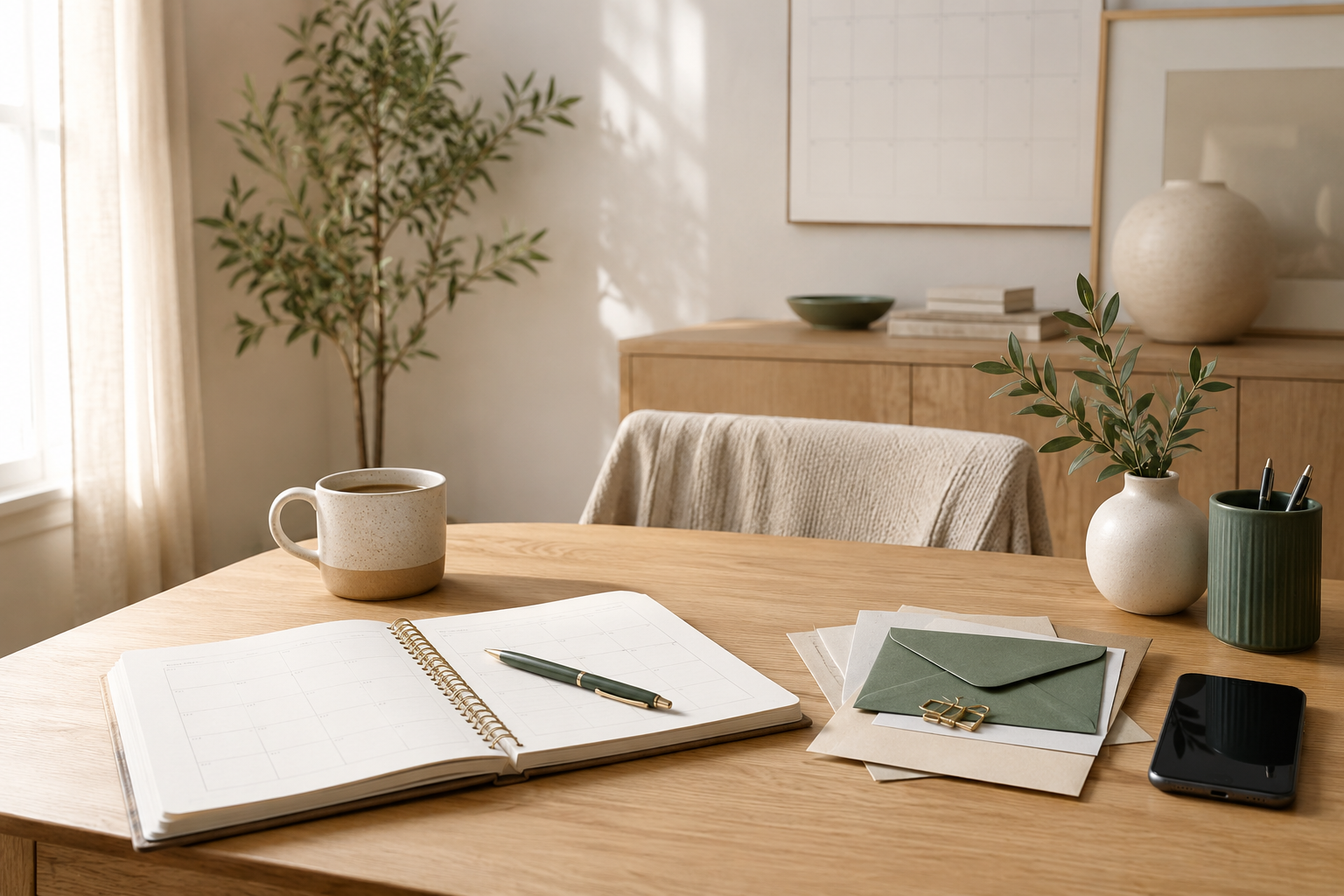 Calm home workspace with notebook and coffee representing a weekly life admin reset