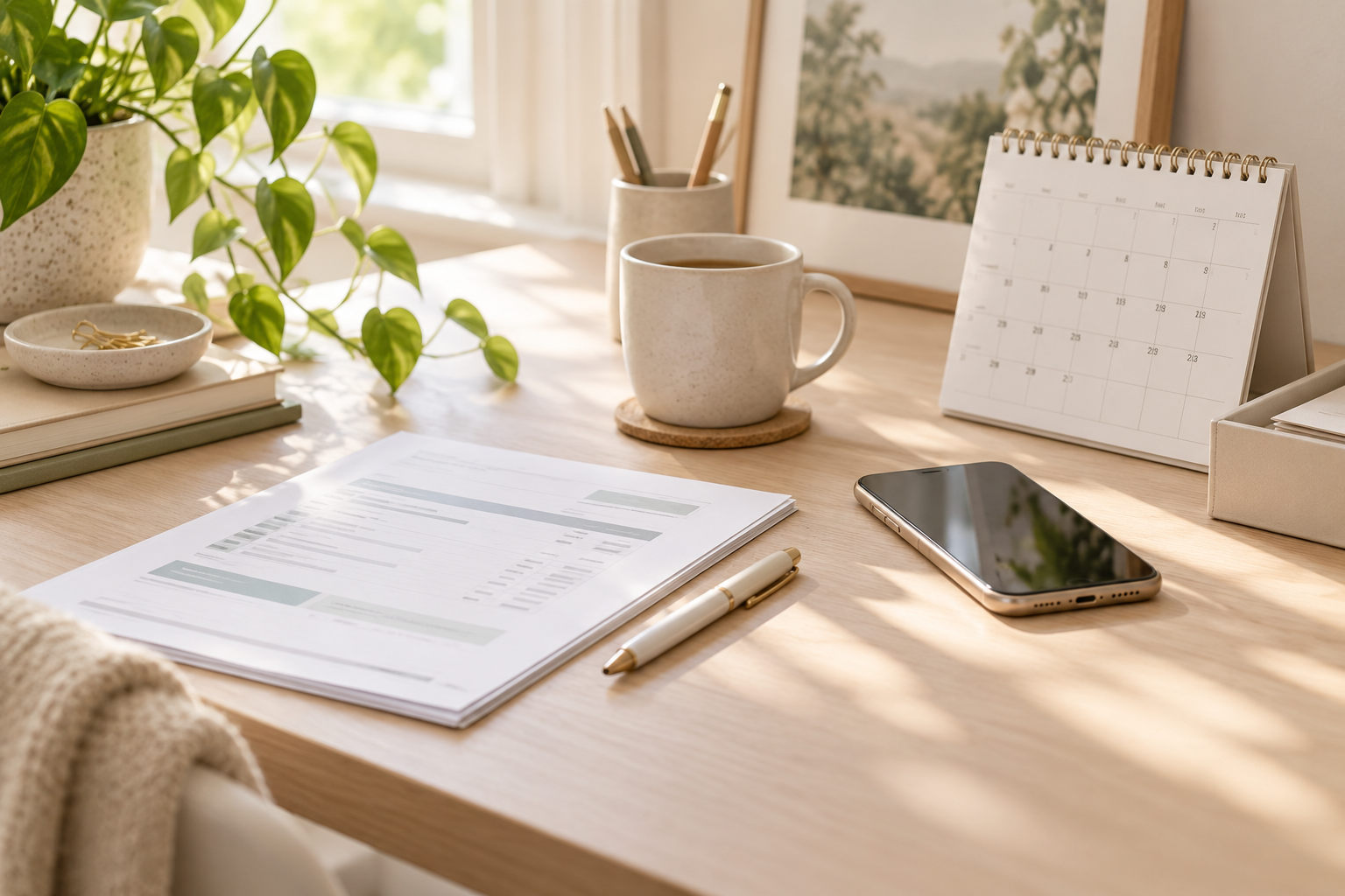 Home desk with phone, calendar and paperwork for reviewing recurring subscriptions and renewals