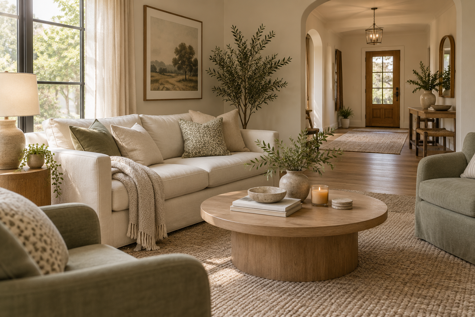 Welcoming living room with clear seating and a tidy main surface ready for visitors
