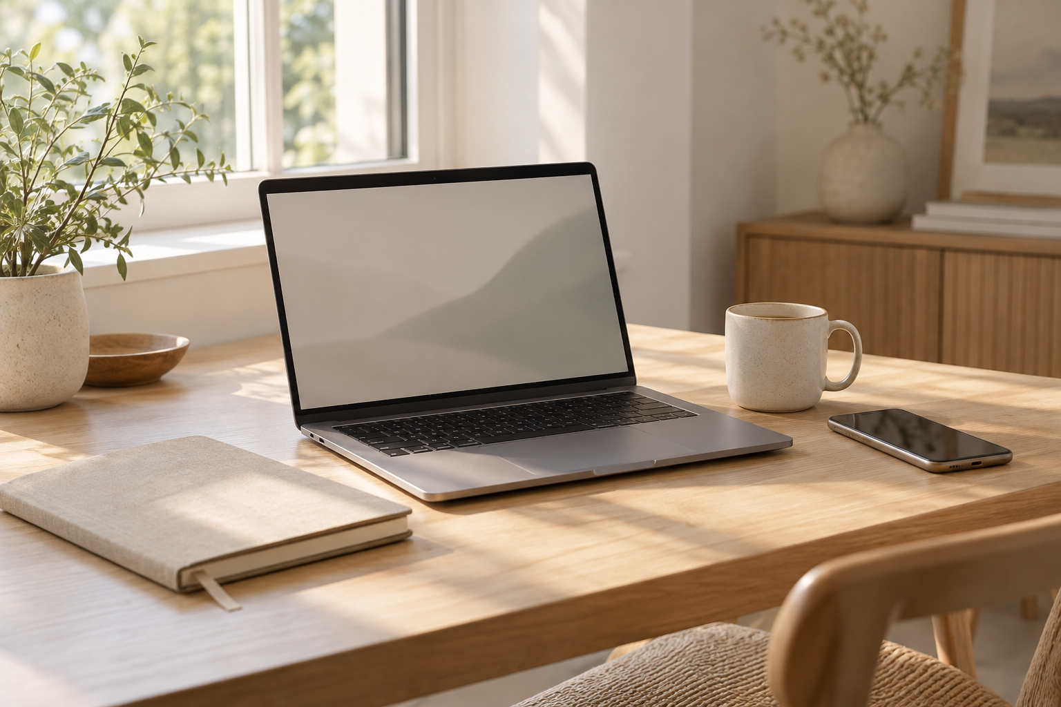 Calm home workspace with laptop, phone, notebook and document folder for digital life admin