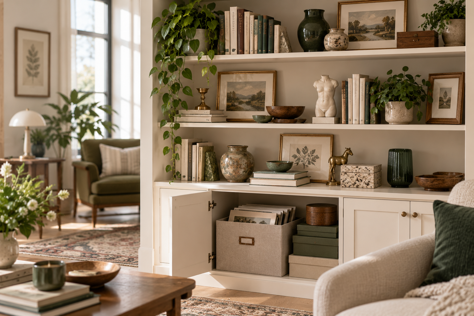 Curated collection display with additional pieces stored accessibly nearby for future rotation