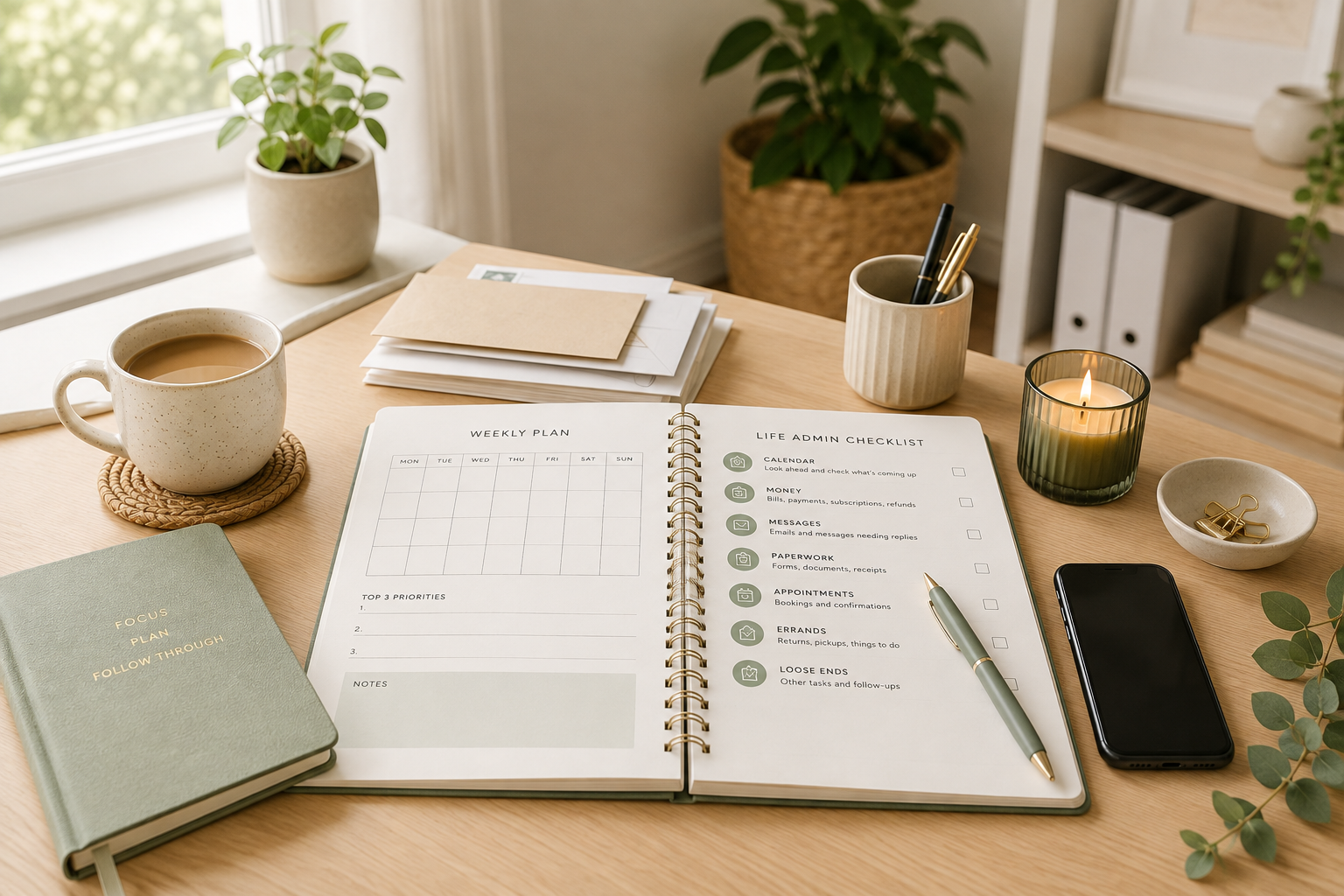 Calm home workspace with weekly planner, paperwork, phone and coffee representing a weekly life admin checklist