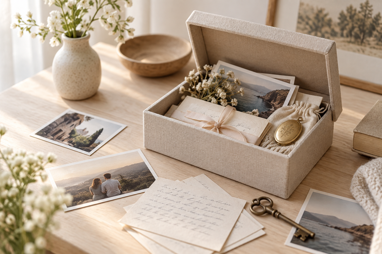 Small keepsake box with photographs, letters and a few meaningful objects on a calm neutral surface
