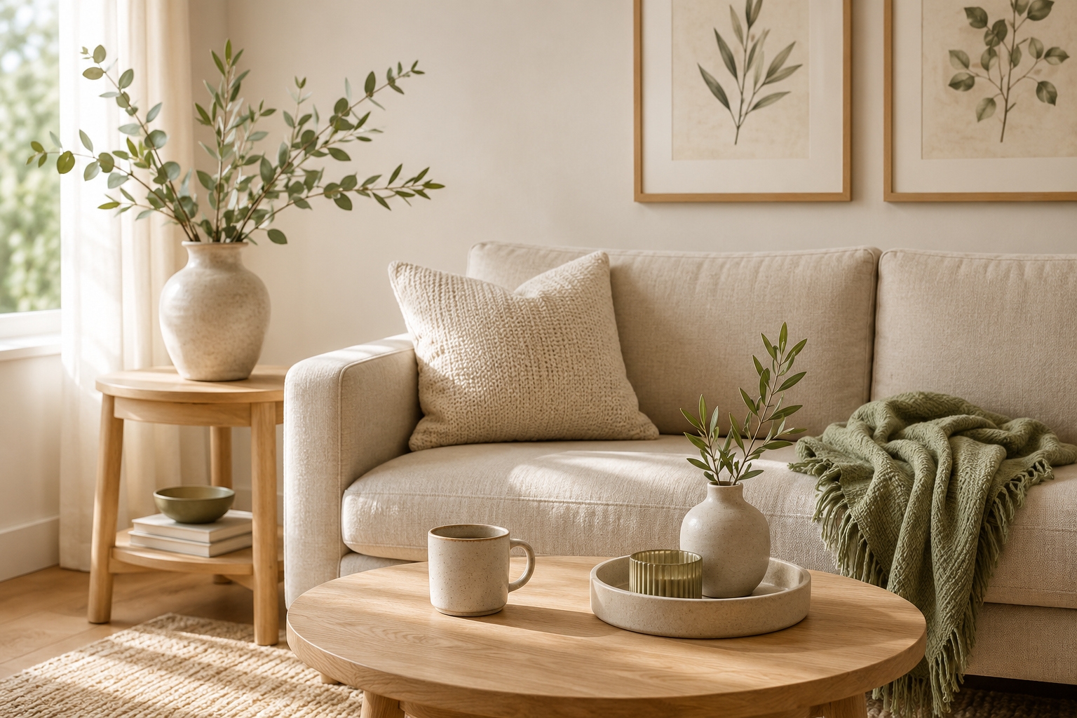 Calm, tidy living space representing a simple 15-minute home reset