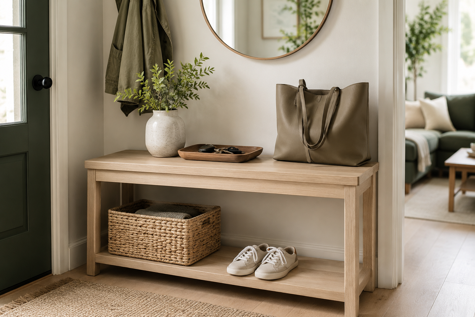 Calm home entryway with a small basket and clear surface representing an easy place to start decluttering