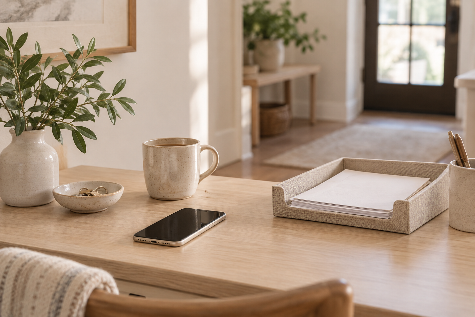 Simple home admin station with notebook, phone and one physical tray for paperwork