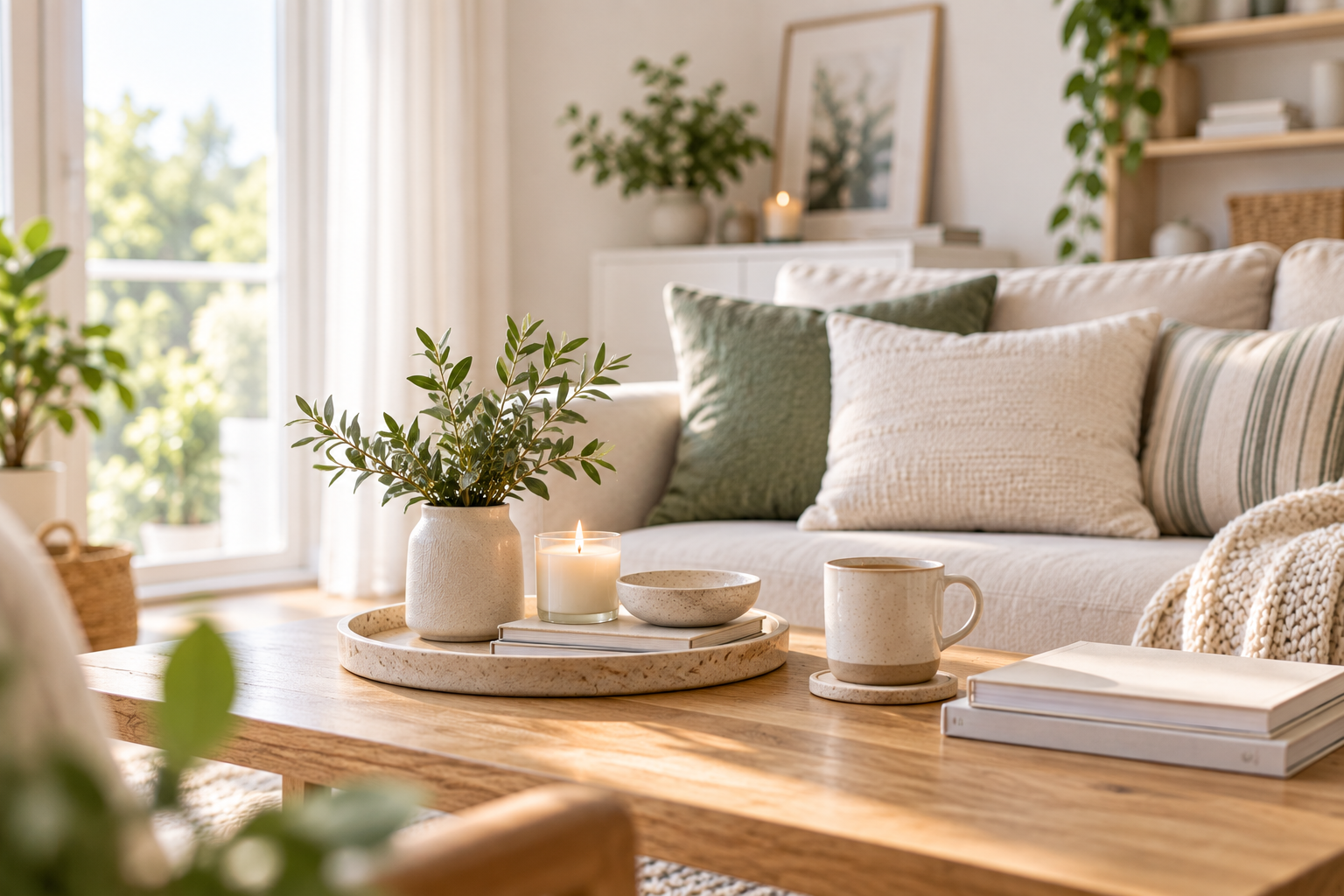 Calm living room with a cleared coffee table and neatly arranged cushions after a simple home reset