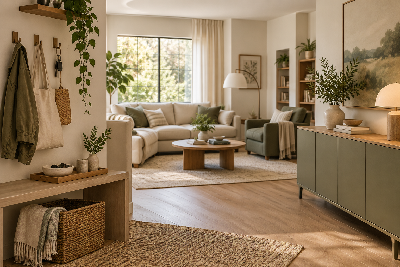 Calm shared living space combining visible open storage with visually quiet closed storage